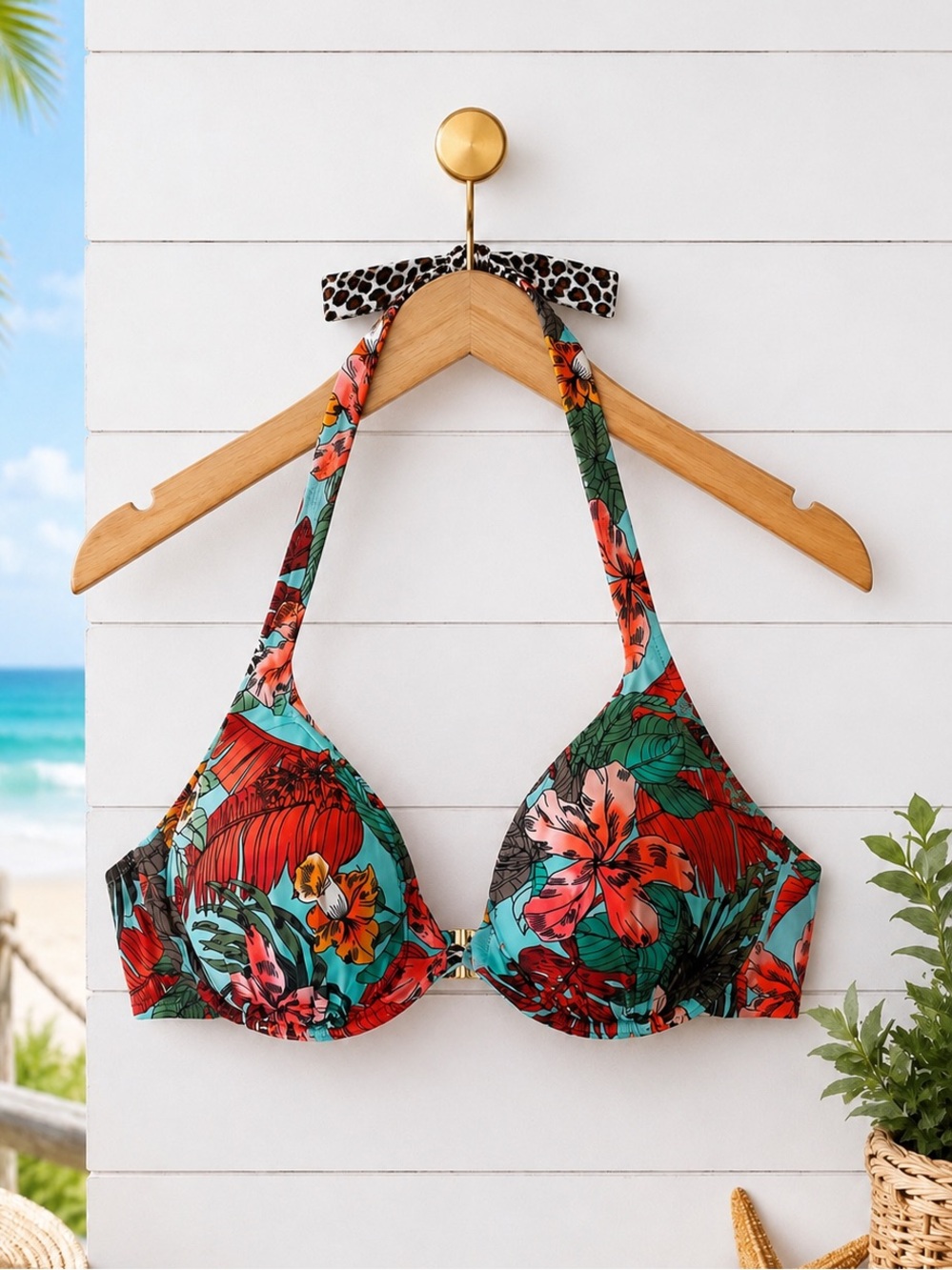 🌺 🐆 Bruno Banani Floral Underwire Bikini Swim Top 36C Leopard Detail EUC